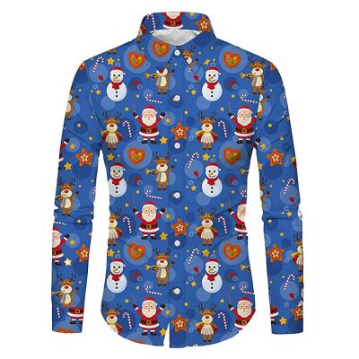 China Anti-pilling Hot Sale Christmas Decoration Cartoon Copy Turn Down Collar Fashion Slim Casual Men's Long Sleeve Shirt In Stock for sale