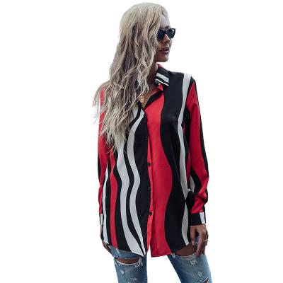 China 2021 Latest Ladies Blouse Design Long Sleeve Top Anti-pilling Fashionable Colorful Striped Shirt For Women for sale