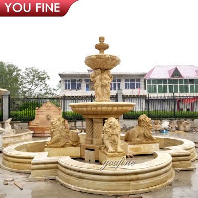 China Marble Fountain Yellow Beige Marble Fountain With Lion Sculpture Large Fountain With Lion Statue For Sales for sale