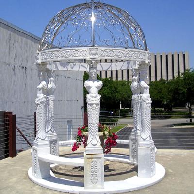 China Classic Outdoor Marble Gazebo Hand Carved Garden Gazebo With Metal Roof for sale