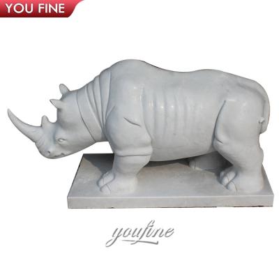 China Modern Hand Carving White Marble Rhinoceros Sculpture Stone Animal Statue for sale