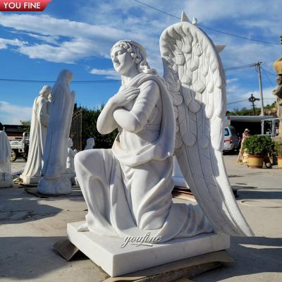 China EUROPEAN Outdoor Natural Stone Hand Carved White Marble Angel Kneeling Sculpture Prayer Statue for sale