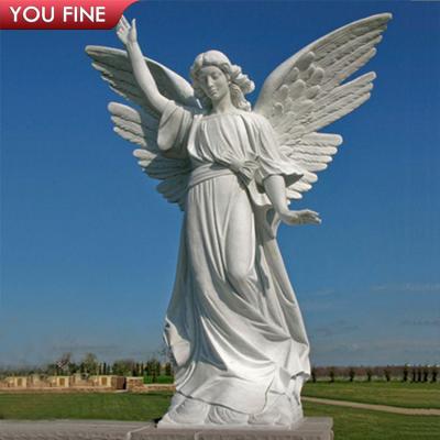 China Large Vivid Outdoor Garden Hand Carved Natural Stone Wings Carve White Marble Angel Statue for sale