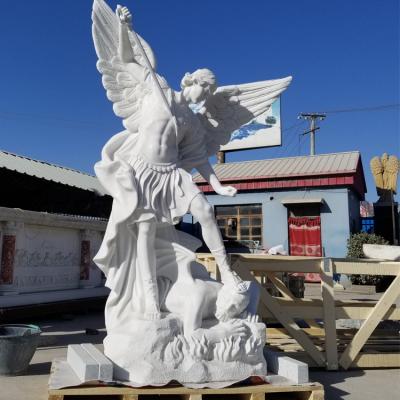 China Religious Classic Hand Carved White Marble St Michael Aartsengel Statue For Sale for sale