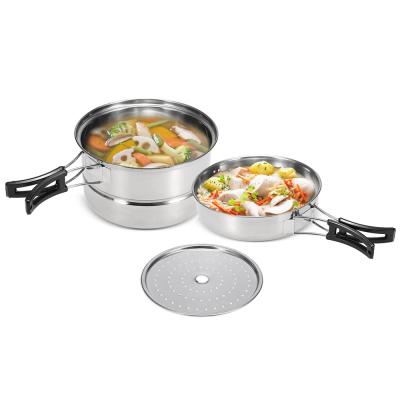 China Sustainable Compact 3Pcs Stainless Steel Cookware Set Pot Camping Stove With Steaming Rack For Outdoor Home Kitchen for sale