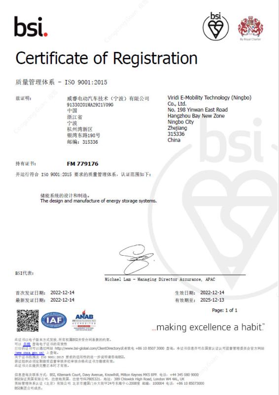 ISO 9001 - Viridi E-Mobility Technology (Ningbo) Co., Ltd.