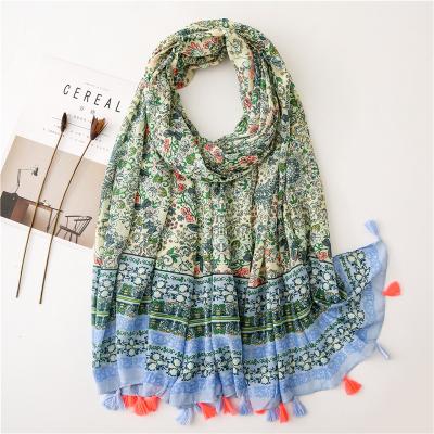 China New Design Spring Summer Beach Style Boho Women's Boho Linen Scarf Floral Print Tassel Scarf European American Cotton Shawl for sale