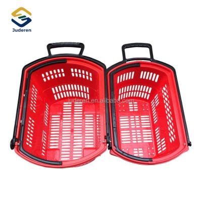 China Portable Heavy Duty Plastic Rolling Basket Supermarket Shopping Cart Colorful Wheeled Basket for sale