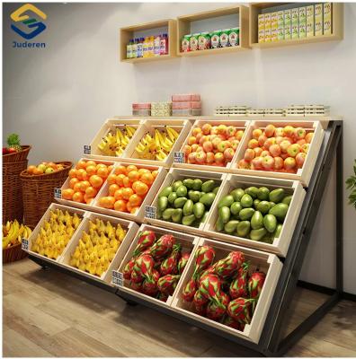 China Corrosion Protection Suit Supermarket Gondola Steel Wooden Shelf Customized Vegetable and Fruit Snacks Display Rack for sale