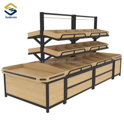 China Corrosion protection wooden fruit vegetable display rack supermarket fruit and vegetable shelf for sale