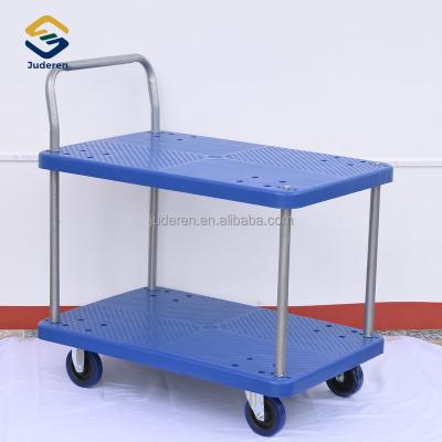 China Silent Sheet And Iron Surface Double Layer Four Wheel Rubber Logistics Transporting Trolley for sale