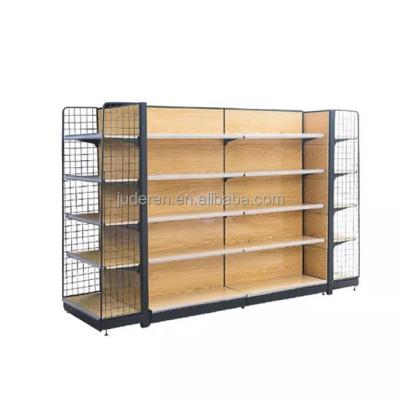 China Corrosion Protection Supermarket Shelves Steel Wood Shelves Retail Runda Display Gondola Shelving/Rack For Store for sale