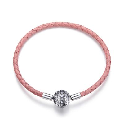 China The Other Pink Round Zircon 925 Sterling Silver Leather Clasp Bangle Bracelets Fine Jewelry for sale