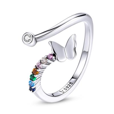 China Other Trendy Rainbow Butterfly Colorful Zircon Ring 925 Sterling Silver Adjustable Rings for sale