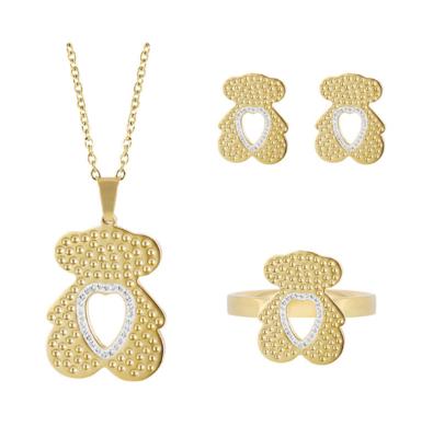 China 2021 Vintage Long Chain Stainless Steel Gold Plated Bear Jewelry Set Necklace Earrings Ring Set for sale