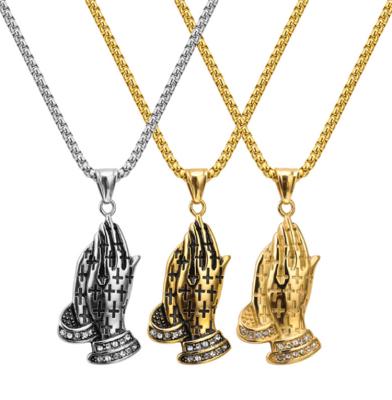 China Other New Fashion Trending Hip Hop Hands Stainless Steel Prayer Pendant Chain Gold Plated Necklaces for sale