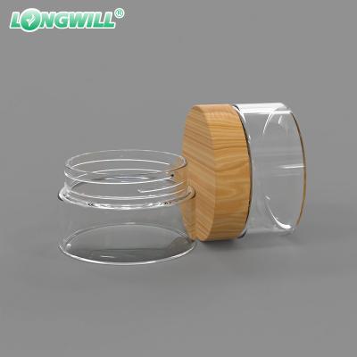 China Cosmetic Container 30ml 50ml 80ml 100ml 120ml 150ml 180ml Premium Transparent Wood Lid PET Plastic Grain Jar Packaging for sale