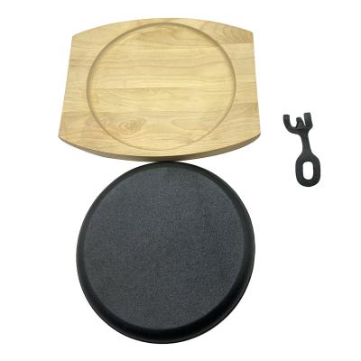 China Sustainable Cast Iron Fajita Sizzling Dish Fajita Dish Sizzler Pan With Wooden Tray Sizzle Griddle Steak Pan for sale