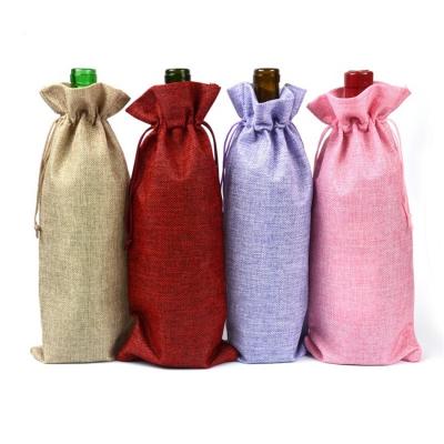 China Rope Handle Factory Customized Wine Bottle Carrier Bag Cheap Eco Friendly Single Bottle Wine Packing Drawstring Jute Wine Bottle Bag for sale