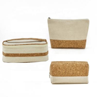 China Fashion European Style Cotton Canvas Finishing Bag Natural Wood Grain Travel Wash Storage Bag Environmental Cork Makeup Bag Set for sale