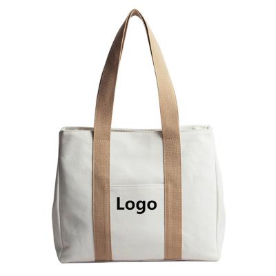 China Handled Extra Heavy-Weight Large Capacity Handle Cotton Tote Shopping Bag Canvas Beach Bag With Zipper for sale