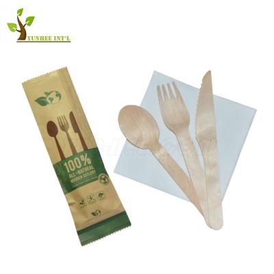 China Disposable Paper Bag Wrapped Individually Wrapped Wooden Cutlery Set Spoon Fork Knife Disposable Napkin for sale