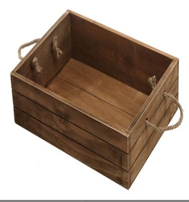 China Rustic Europe Brown Wooden Storage Crate With Rope Handles for sale