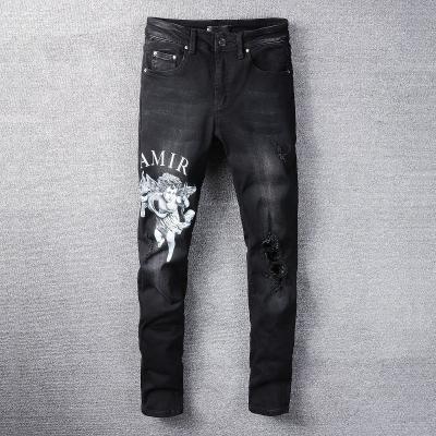 China Angel Printing Slim Viable Men's Black Letter Skinny Streetwear Motorcycle Pants Hip Hop Mens LOS Hombres Jeans for sale