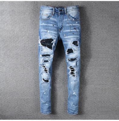 China Sustainable Luxury Mens Destroyed Stretch Crystal Patchwork Light Blue Ripped Rhinestone Skinny Denim Pants Hip Hop Jeans Men for sale