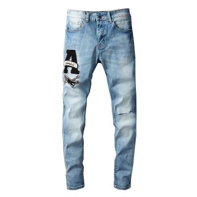 China Viable High Quality Mens Hip Hop Streetwear Designer Males Brand Ripped Tights Splicing Big Splice Letter Jean Denim Pant A for sale