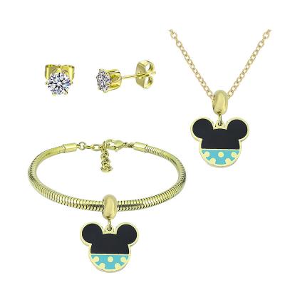 China Unique Cute Stainless Steel Mickey Mouse Charm Necklace Set Girls Cartoon Accessories Couple Jewelry Set for sale