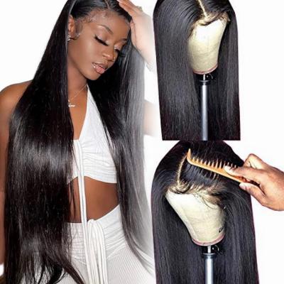 China Straight Bone 1B Right Hand Tied 13*4 Lace Front Brazilian Virgin Human Hair Transparent Wigs For Women for sale