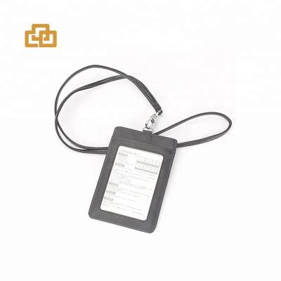 China Fashion Black Leather Work Card Holder ID Card Badge With Long Strap for sale