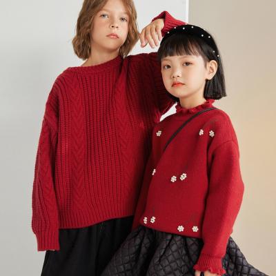 China Children's clothing anti-shrink thick stick needle stranded flowers thickened children's sweater boys and girls warm red sweater new for sale