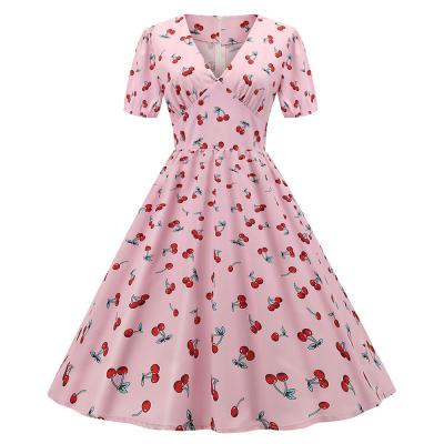 China Women Summer Washable Customized Pink V-Neck Printed Dresses For Casual Dressy for sale