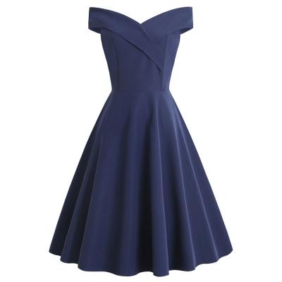 China Dark Blue Breathable Classic Women Off Shoulder Fashion Even Chiffon Dresses for sale