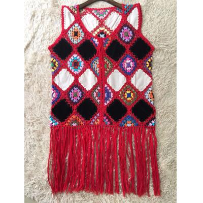 China Breathable boho crochet pattern women's crochet beach front vest tops Boho festival fringe crochet tank top for sale