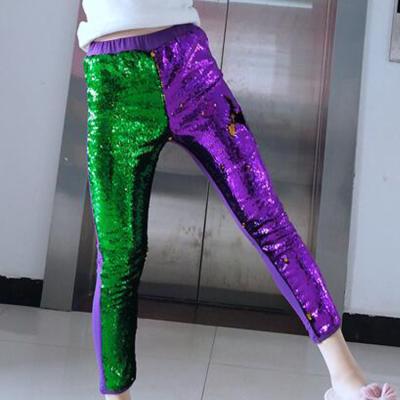 China Breathable Mardi Gras Kids Reversible Purple Gold Green Pants Mardi Gras Flip Children Sequin Leg Warmers for sale