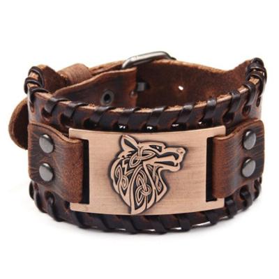 China Black Casual/Sporty Wolf Charm Cuff Bracelet Nordic Viking Wolf Head Leather Hip Hop Vintage Bracelet for sale