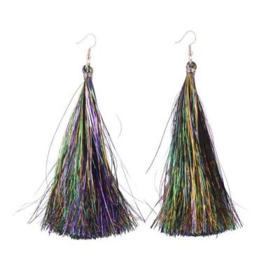 China Festival CLASSIC Purple Green Gold Dangle Tassel Circle Pom Pom Earrings Mardi Gras Tassel Hook Earrings for sale