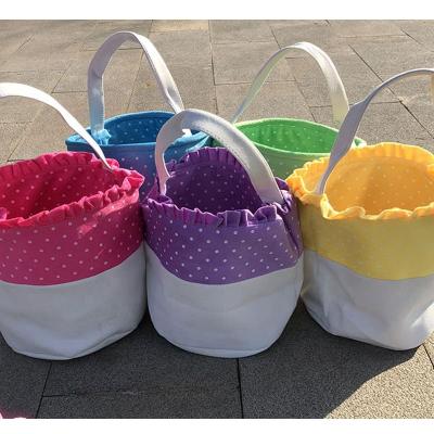 China Wholesale Canvas Boys Girls Embroidered Custom Basket Ruffled Polka Dot Easter Burlap Easter Basket for sale