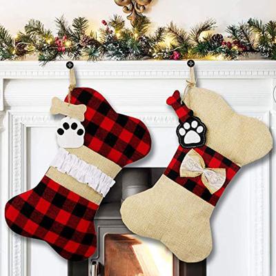 China Cotton Kid's Gift Striped Personalized Dog Stocking Buffalo Plaid Dog Bone Christmas Stockings for sale