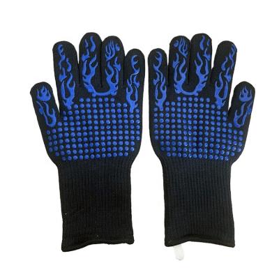 China Durable Anti Heat Fire Proof Silicone Coating Anti Slip BBQ Protection Blue Aramid Grill Gloves for sale