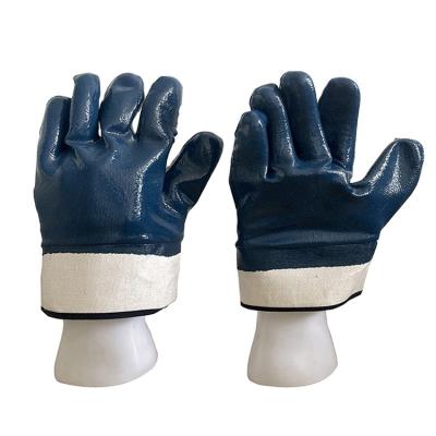 China Durable Heavy Duty Waterproof Oil Resistant Safety Working Wide Cuff Blue Nitrile Coating Gloves for sale