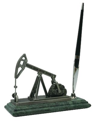 China Silver Antique Imitation Oil Pump Jack Pen Stand Pen Holder On Marble Base For Gift Desktop Storage for sale