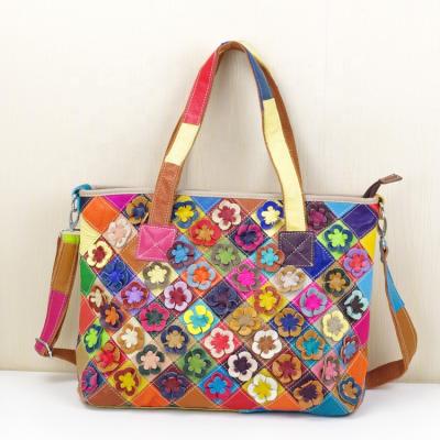 China Genuine Leather Flower Applique Colorful Fashion Tote Shoulder Women's Armpit Handbag for sale