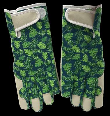 China 7 oz canvas green with flower printing cotton beige leather women pattern color gardening glove with printing garden gloves for roses for sale