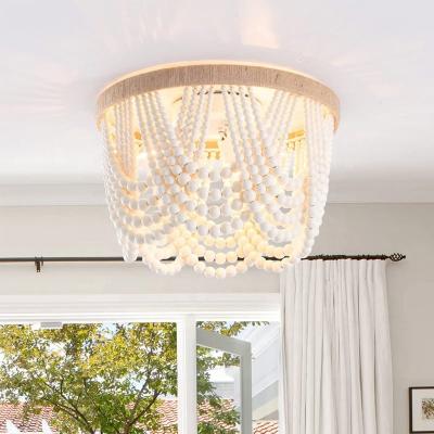 China White Small Flush Mount Boho Bohemia Wood Beaded Ceiling Lights(WH-CI-165) for sale