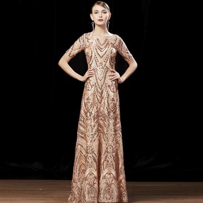 China Dubai Guangzhou-ikebel Dubai Dinner Dress Party Lady Shine Sequin Gold Anti-Static Evening Dress for sale