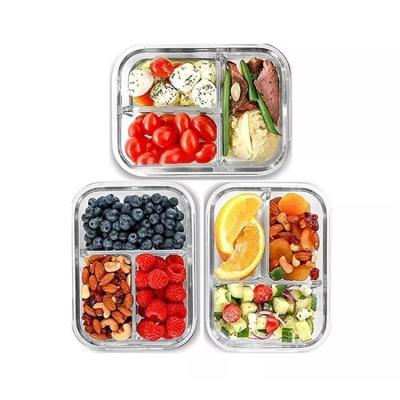 China 2022 Amazon High Borosilicate Glass Meal Prep Sustainable Storage Containers 3 Compartment Home Kitchen Accessories Container for sale